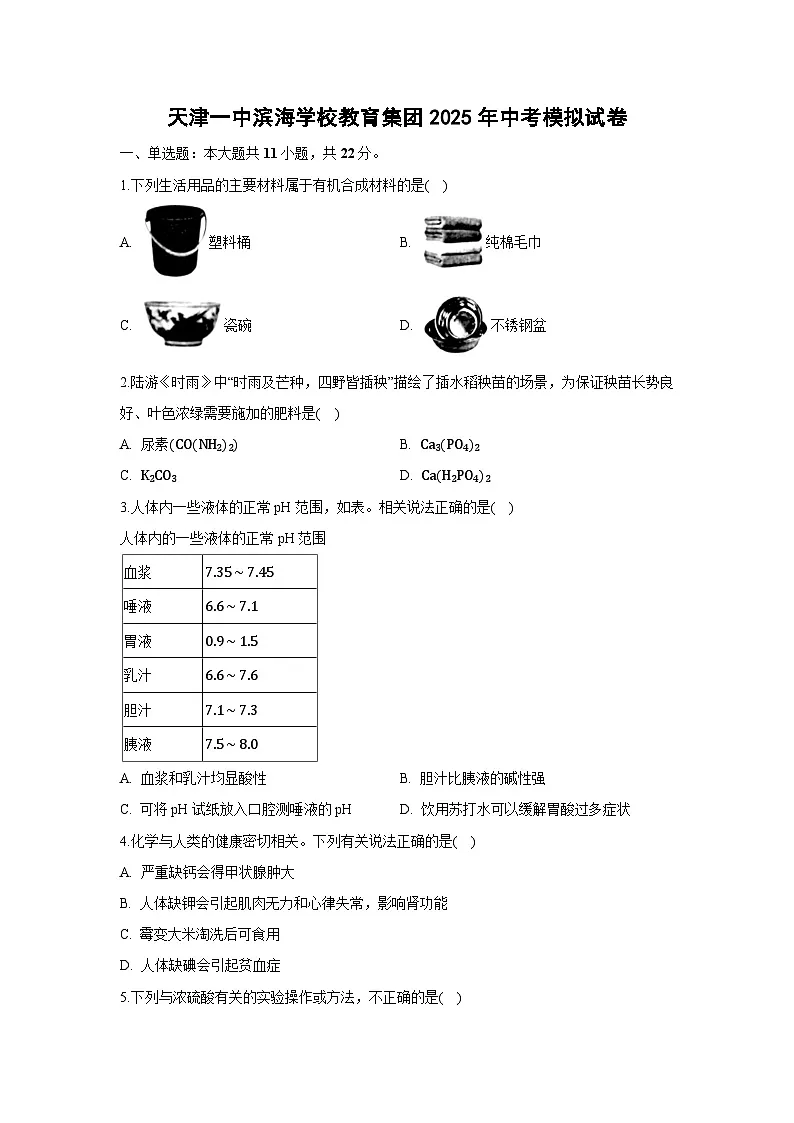 天津一中滨海学校教育集团2025年中考模拟化学试卷（解析版）第1页