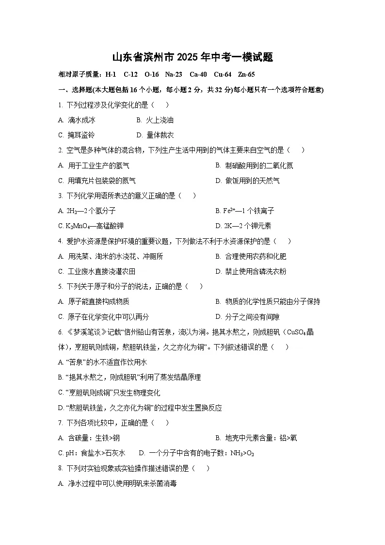 山东省滨州市2025年中考一模化学试卷（解析版）第1页