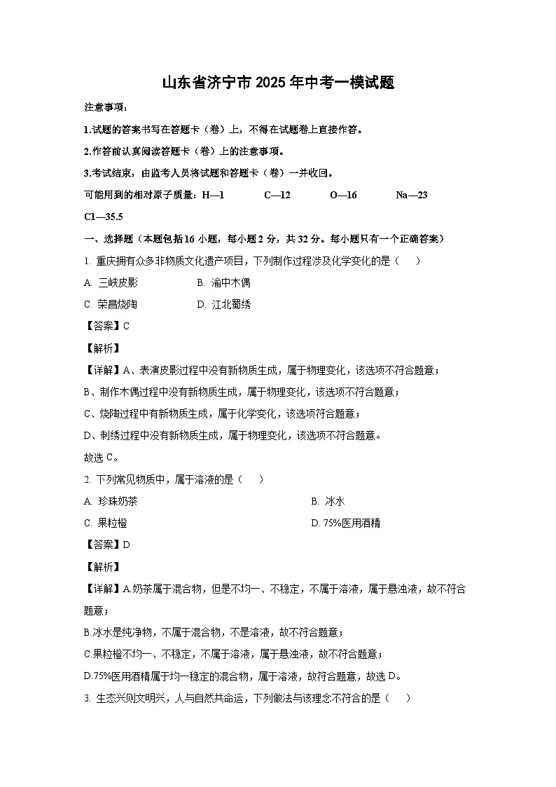 山东省济宁市2025年中考一模化学试卷（解析版）第1页