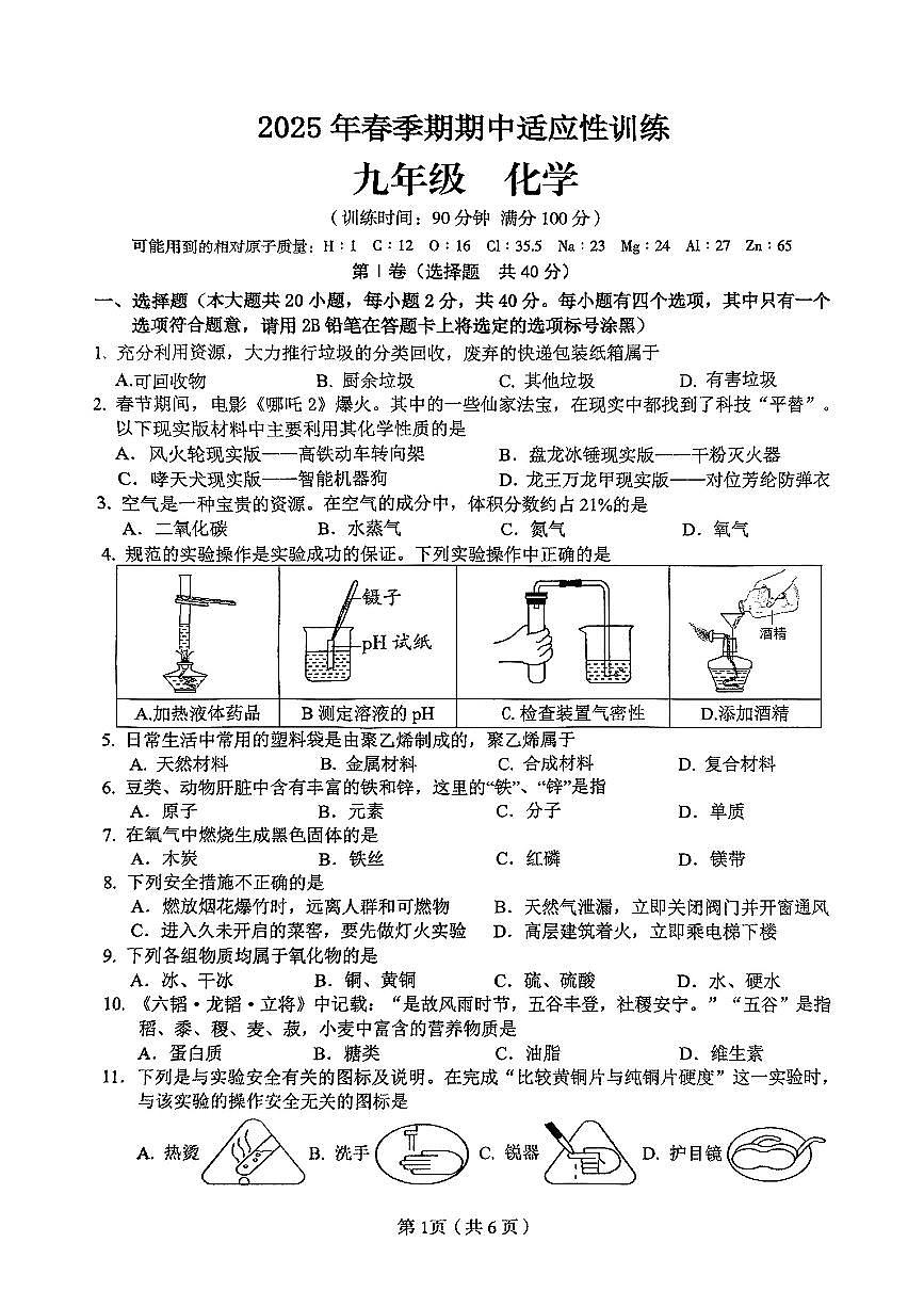 广西省玉林市2024-2025学年九年级下化学期中试卷第1页