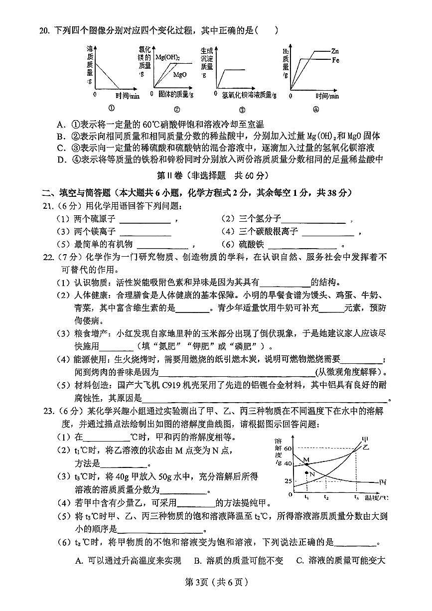 广西省玉林市2024-2025学年九年级下化学期中试卷第3页