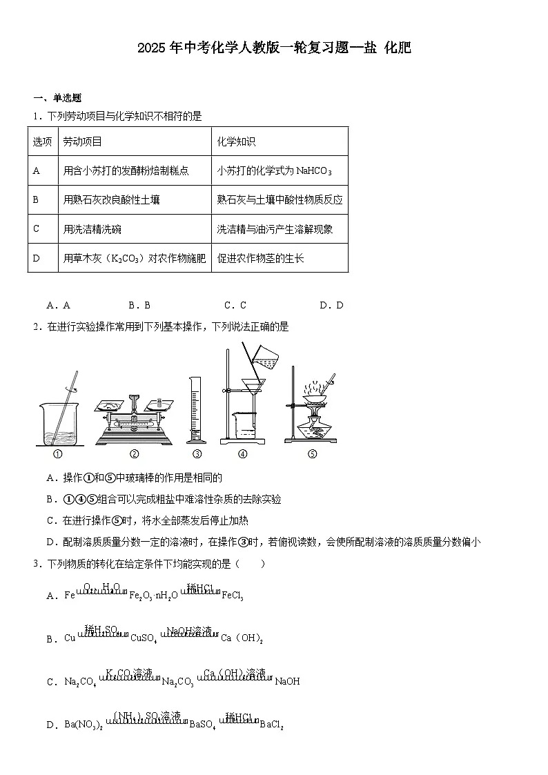 2025年中考化学人教版一轮复习题--盐化肥 试卷第1页