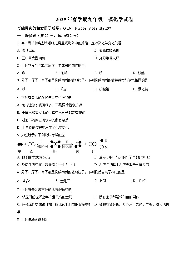 2025年甘肃省武威市凉州区柏树片中考一模化学试题（原卷版+解析版）第1页
