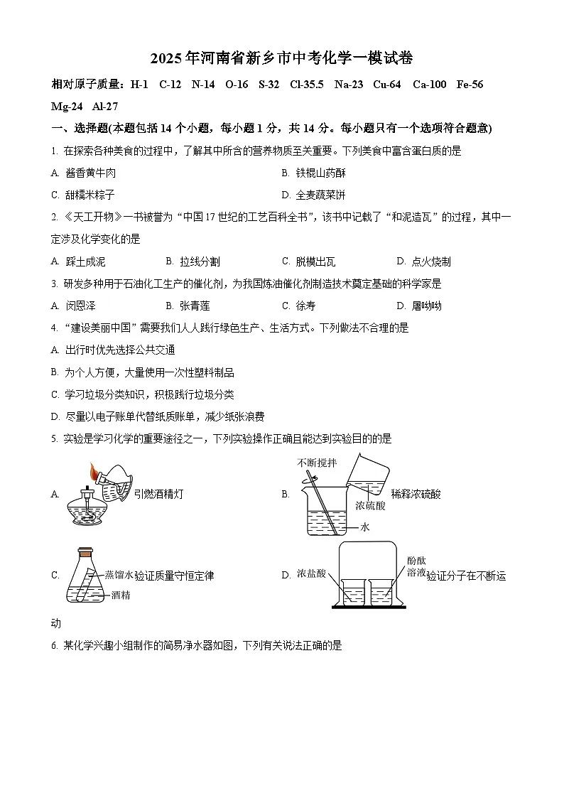 2025年河南省新乡市中考一模化学试题（原卷版+解析版）第1页