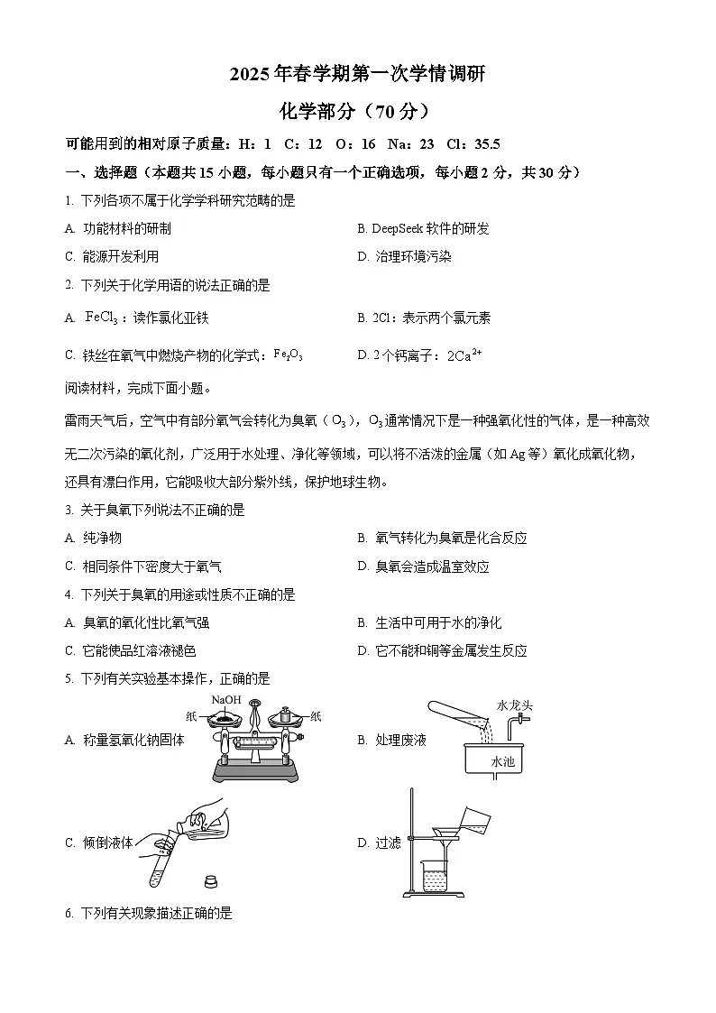 2025年江苏省盐城市大丰区中考一模化学试题（原卷版+解析版）第1页