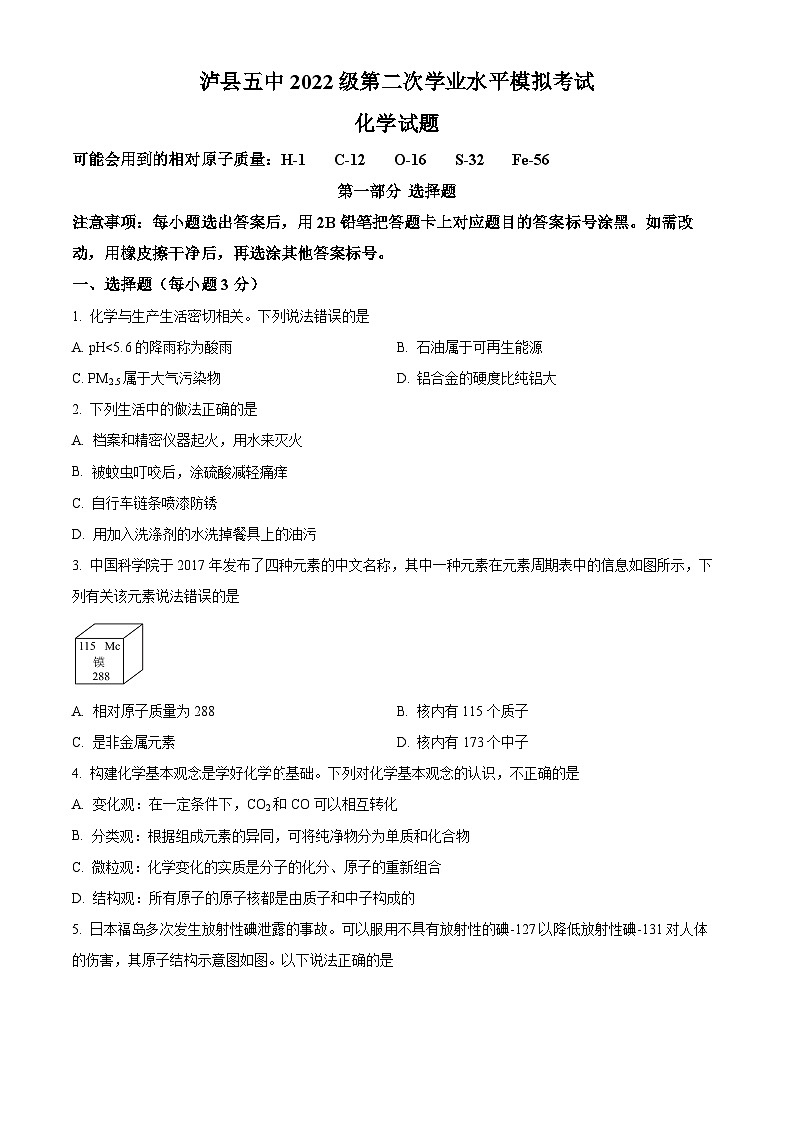 2025年四川省泸州市泸县第五中学中考二模化学试题（原卷版+解析版）第1页