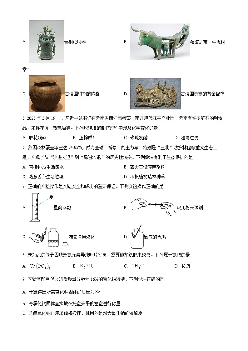2025年云南省玉溪市中考一模化学试题（原卷版+解析版）第2页