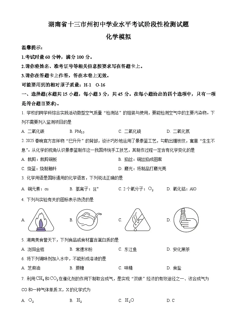 2025年湖南省十三市州初中学业水平考试阶段性检测化学试题（原卷版+解析版）第1页
