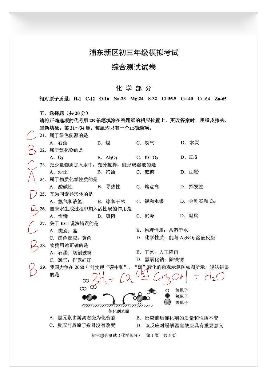 2025浦东初三二模化学答案第1页