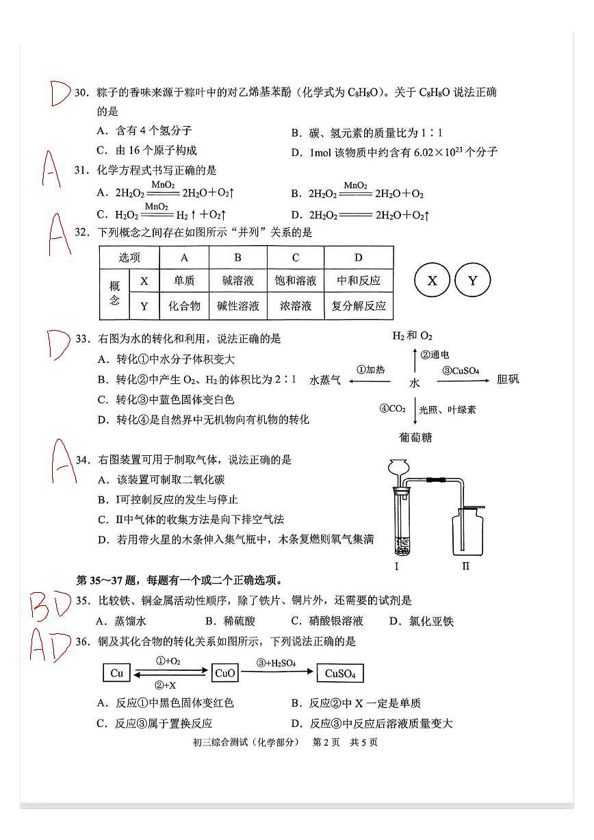 2025浦东初三二模化学答案第2页
