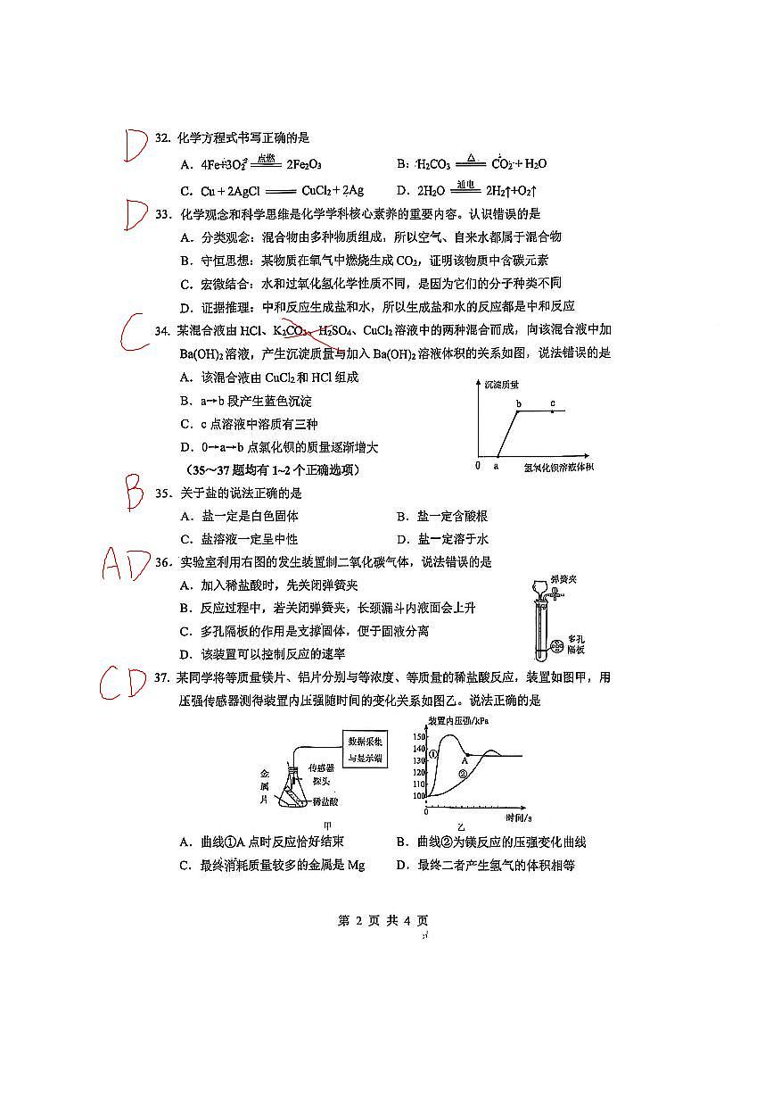 2025上海闵行初三化学二模试卷答案第2页