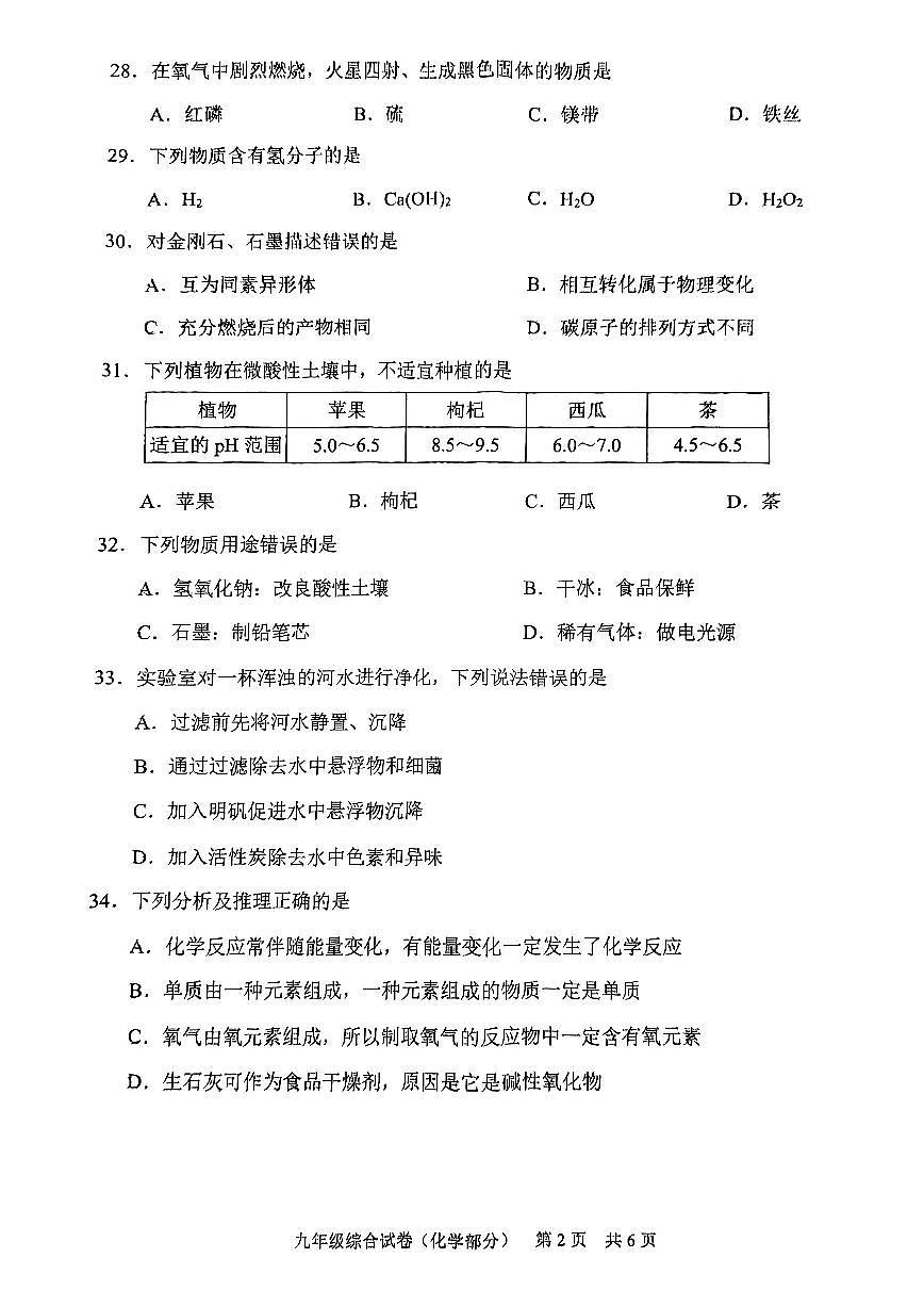 2025届静安区初三二模化学试卷第2页