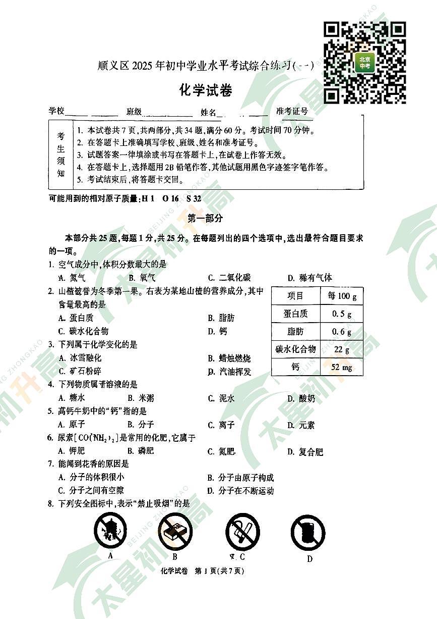 2025北京顺义初三一模化学试卷和答案第1页