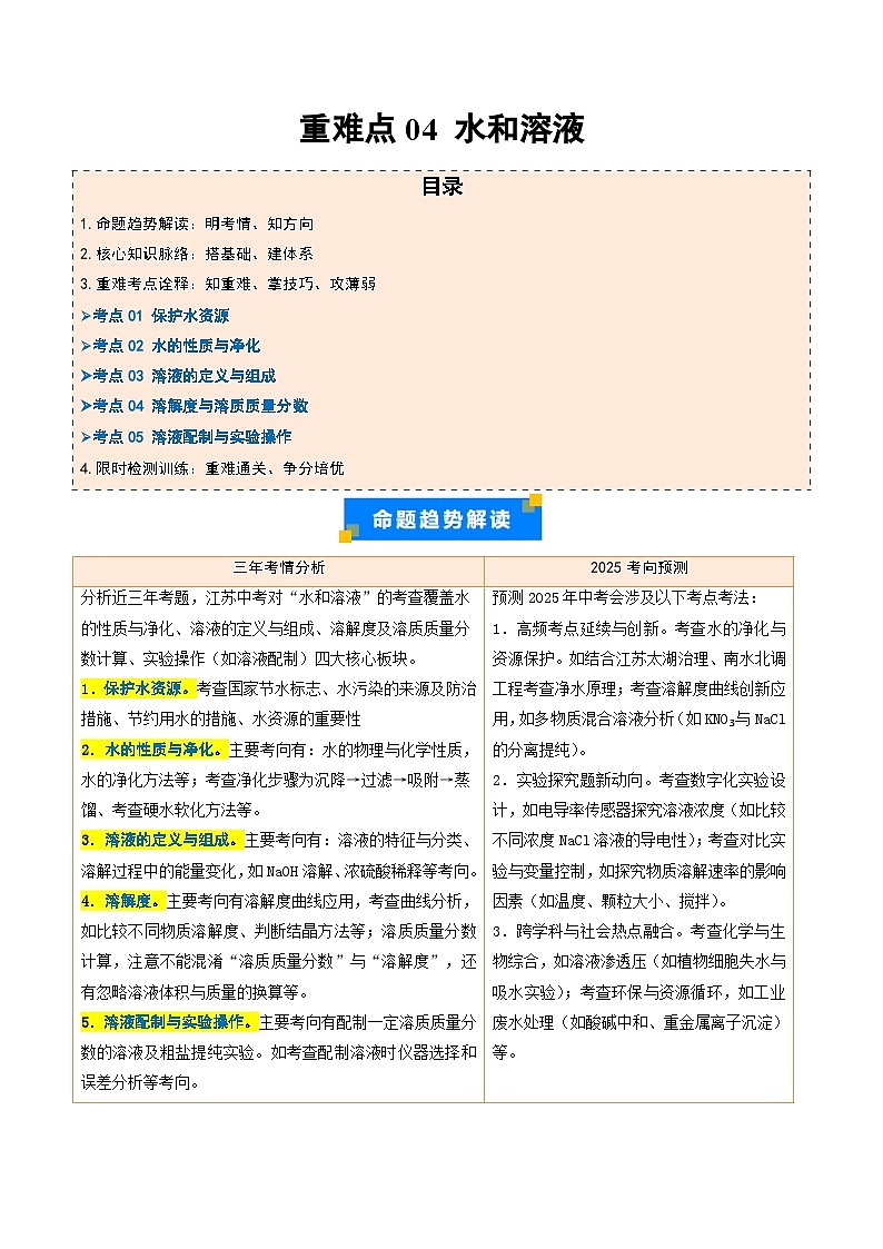 重难点04 水和溶液（原卷版）第1页