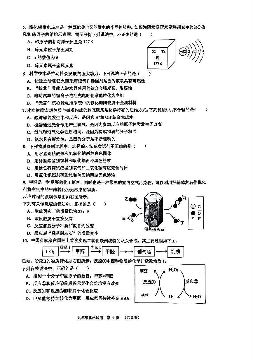 2025年济南市历下区初三化学二模试题（无答案）第2页