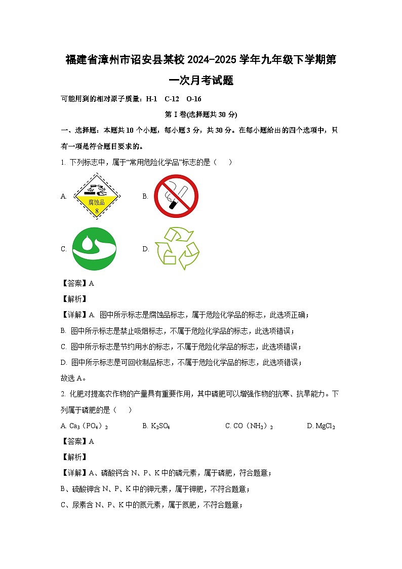 福建省漳州市诏安县某校2024-2025学年九年级下学期第一次月考化学试卷（解析版）第1页