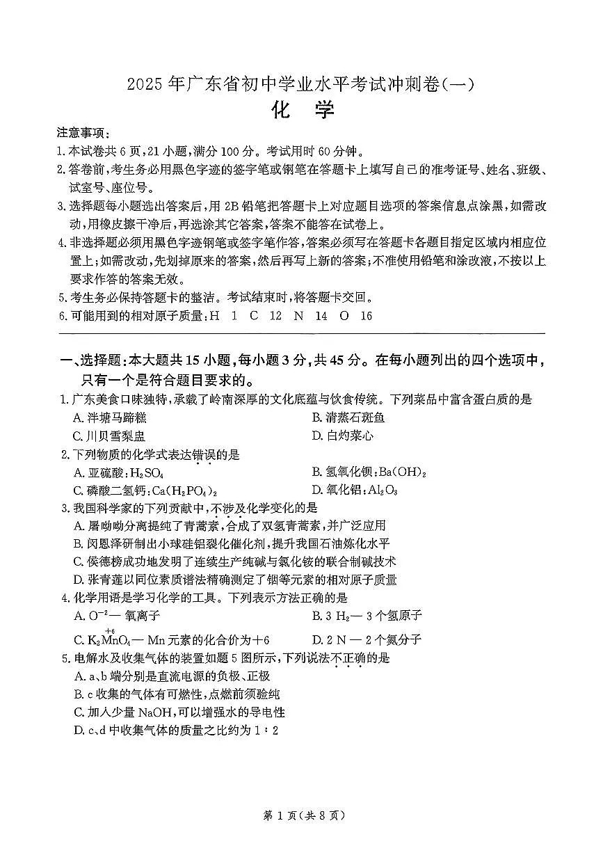 2025年广东省东莞市石碣镇初中学业水平考试化学冲刺卷（一）第1页