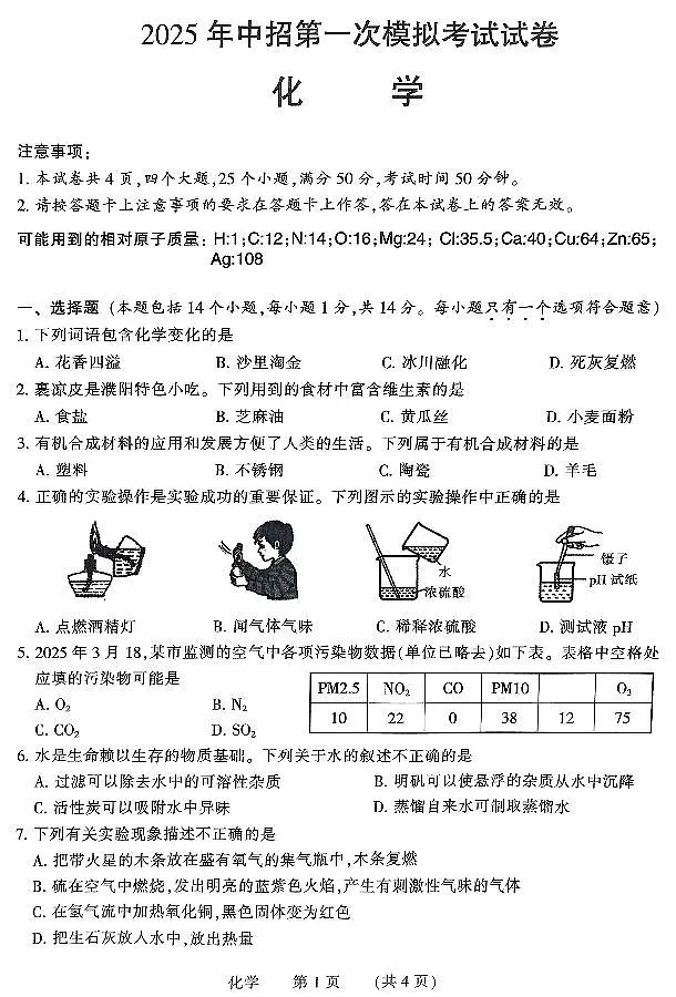2025年河南省濮阳市中招一模化学试卷和答案第1页