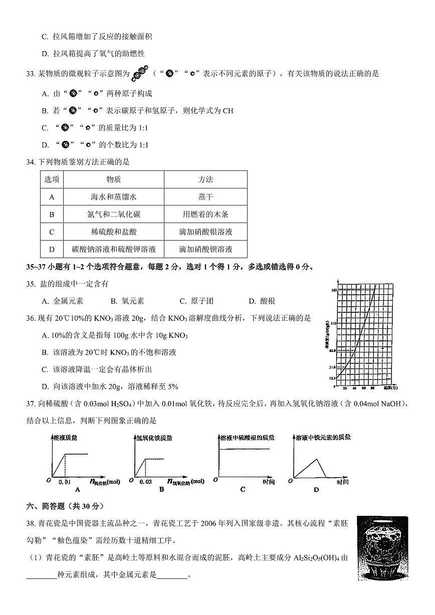 2025年上海市宝山区初三二模化学试卷和答案第2页