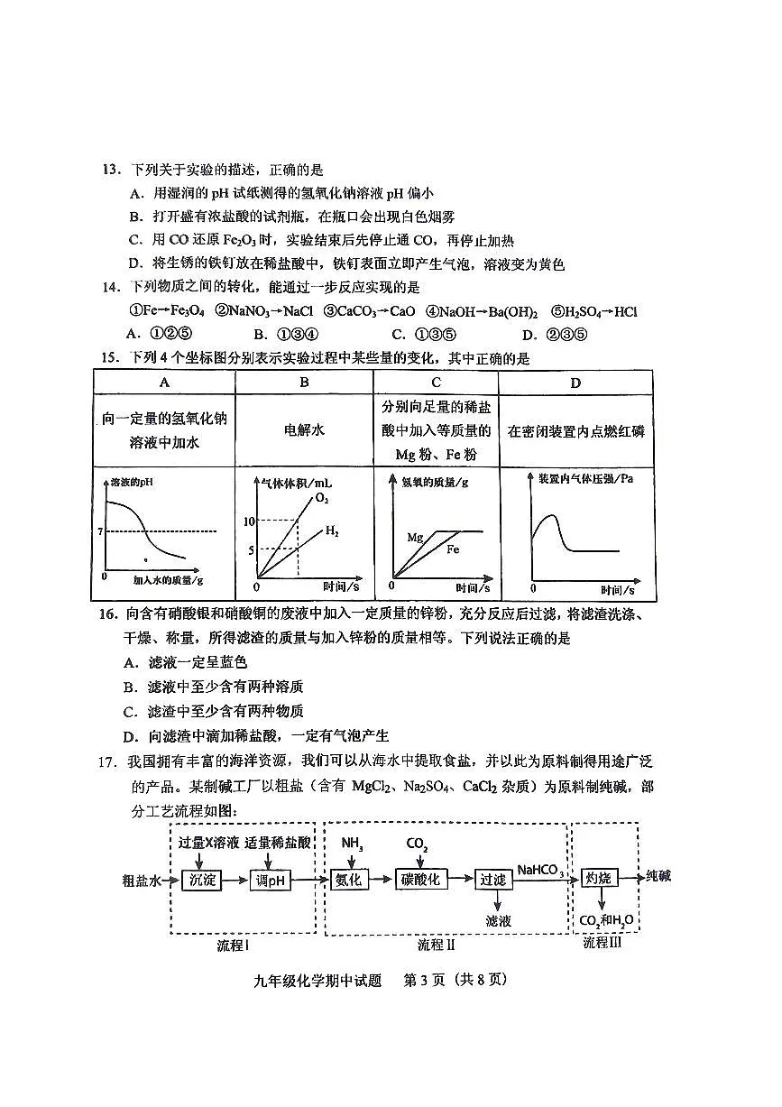 九年级下学期化学期中试卷20250428第3页