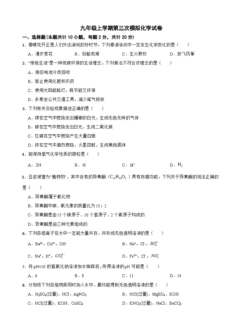 甘肃省嘉峪关市2025年九年级上学期第三次模拟化学试卷附答案第1页