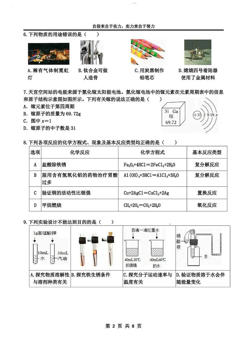2025年哈尔滨是萧红中学九年级下学期校二模化学试卷和答案第2页