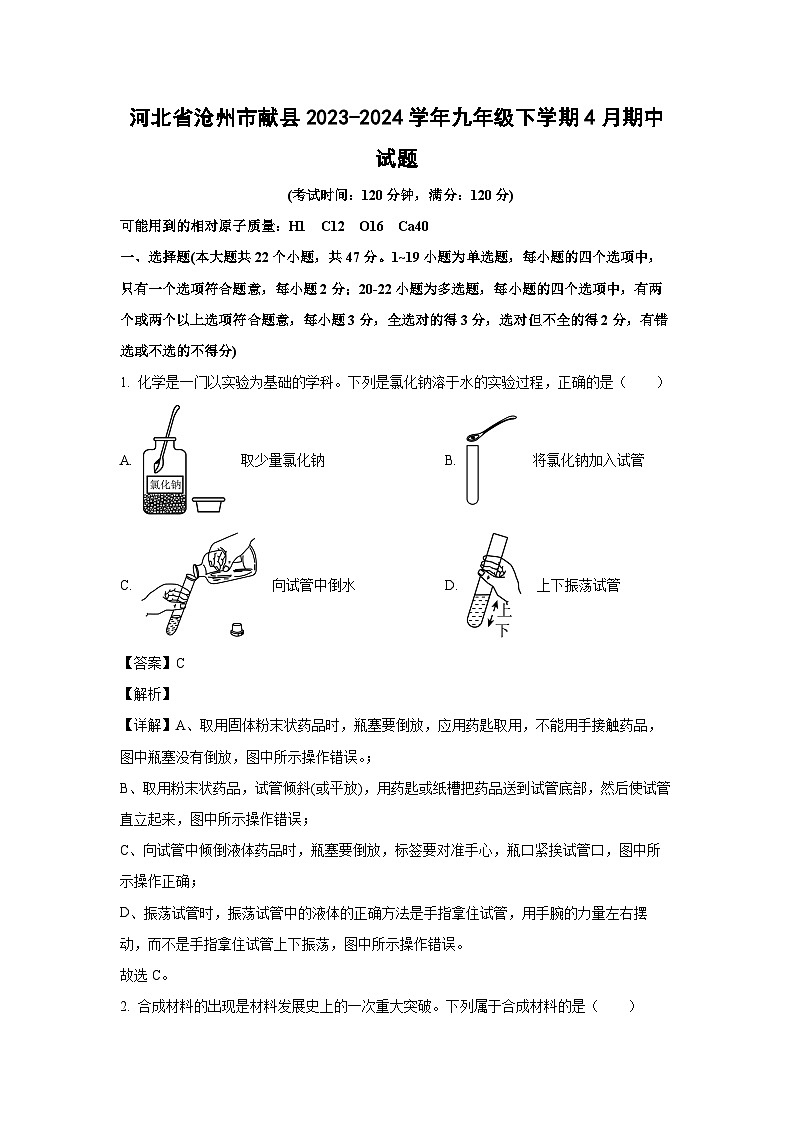 河北省沧州市献县2023-2024学年九年级下学期4月期中化学试卷（解析版）第1页