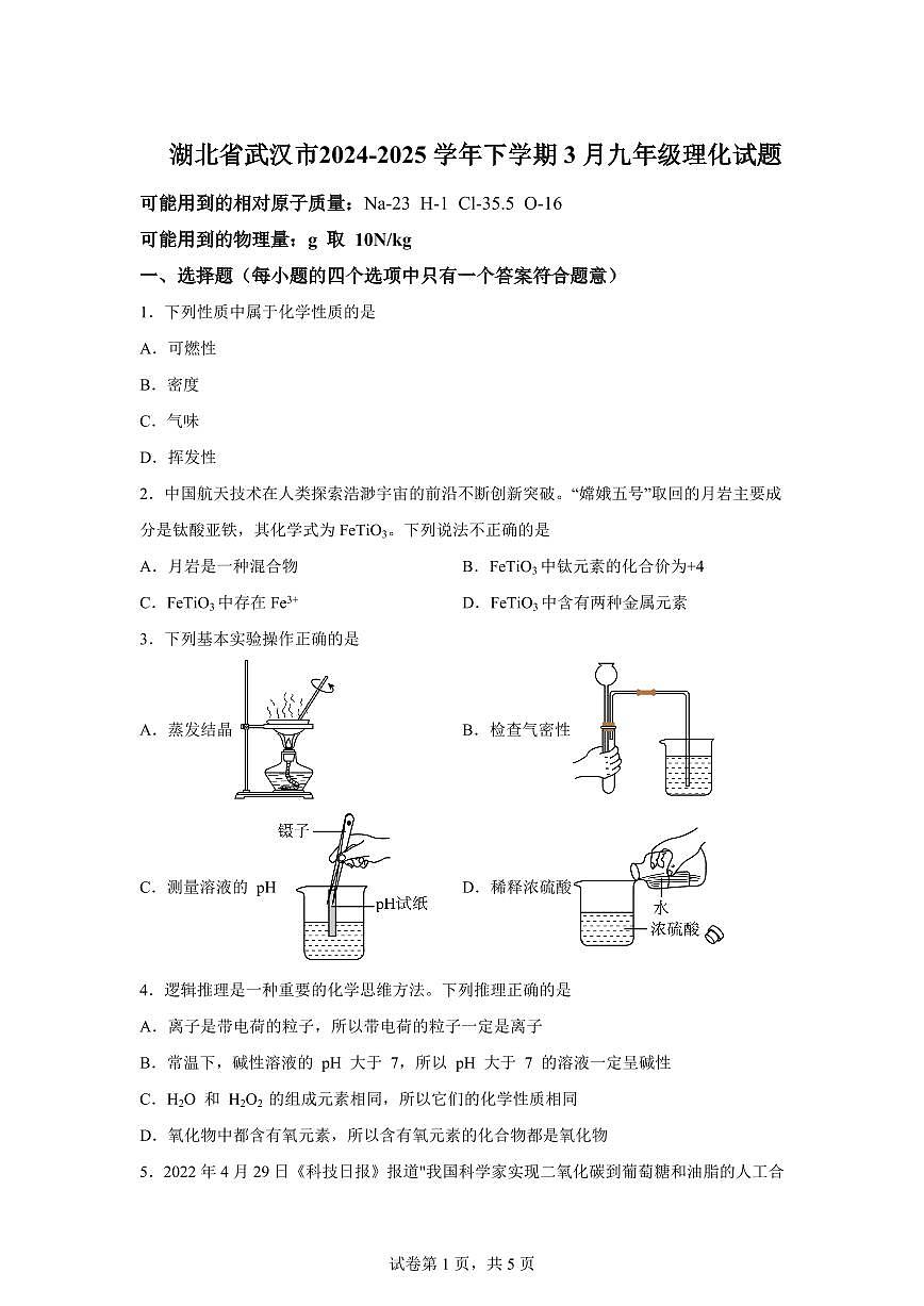 2024-2025学年湖北省武汉市九年级下学期3月月考化学检测试题（含解析）第1页