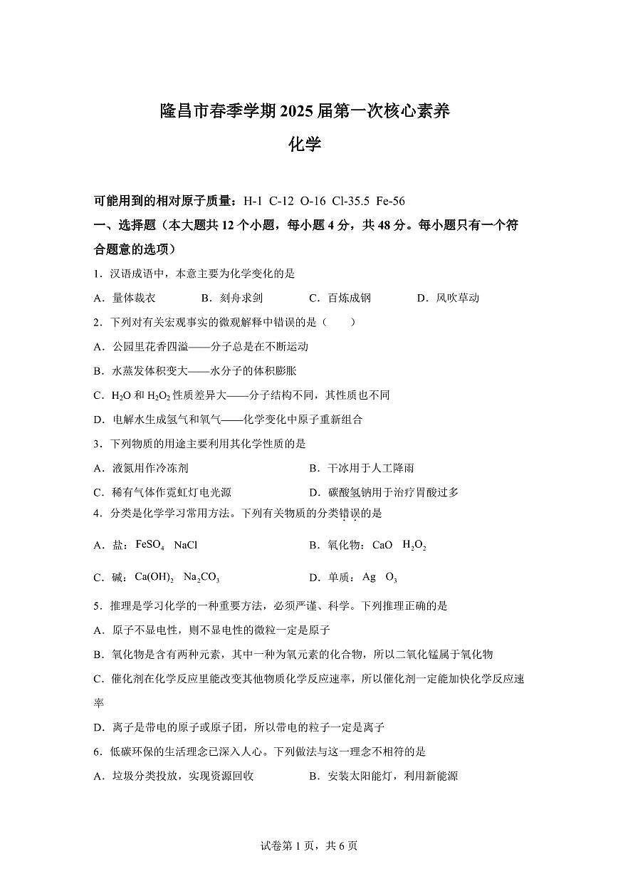 2024-2025学年四川省内江市隆昌市九年级下学期第一次月考化学检测试题（含解析）第1页