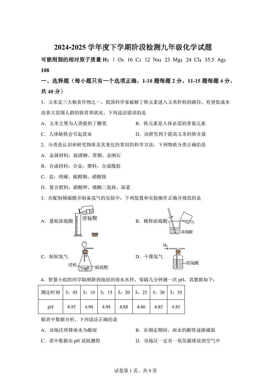 2025届山东省日照市中考（一模）化学检测试题（含解析）第1页