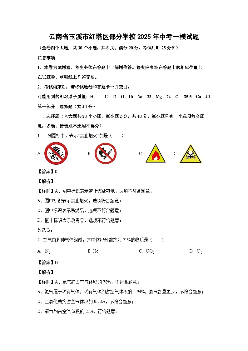 云南省玉溪市红塔区部分学校2025年中考一模化学试题（解析版）第1页