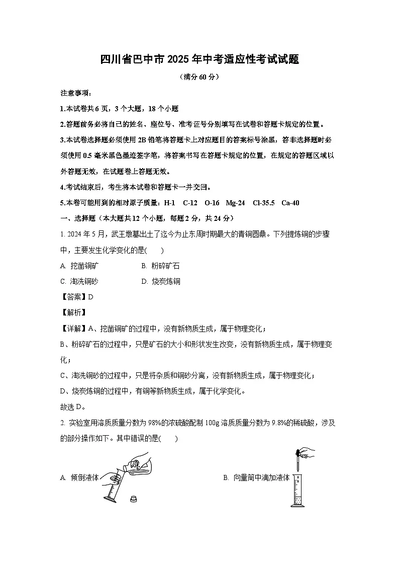 四川省巴中市2025年中考适应性考试化学试题（解析版）第1页