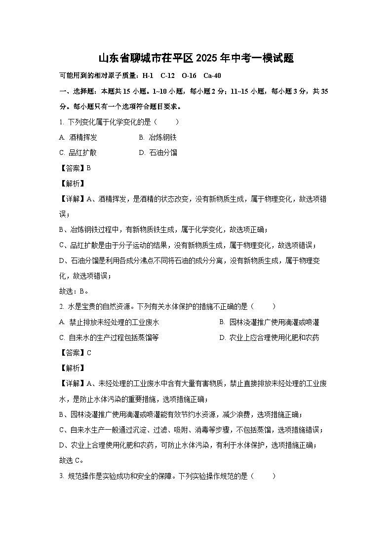 山东省聊城市茌平区2025年中考一模化学试题（解析版）第1页