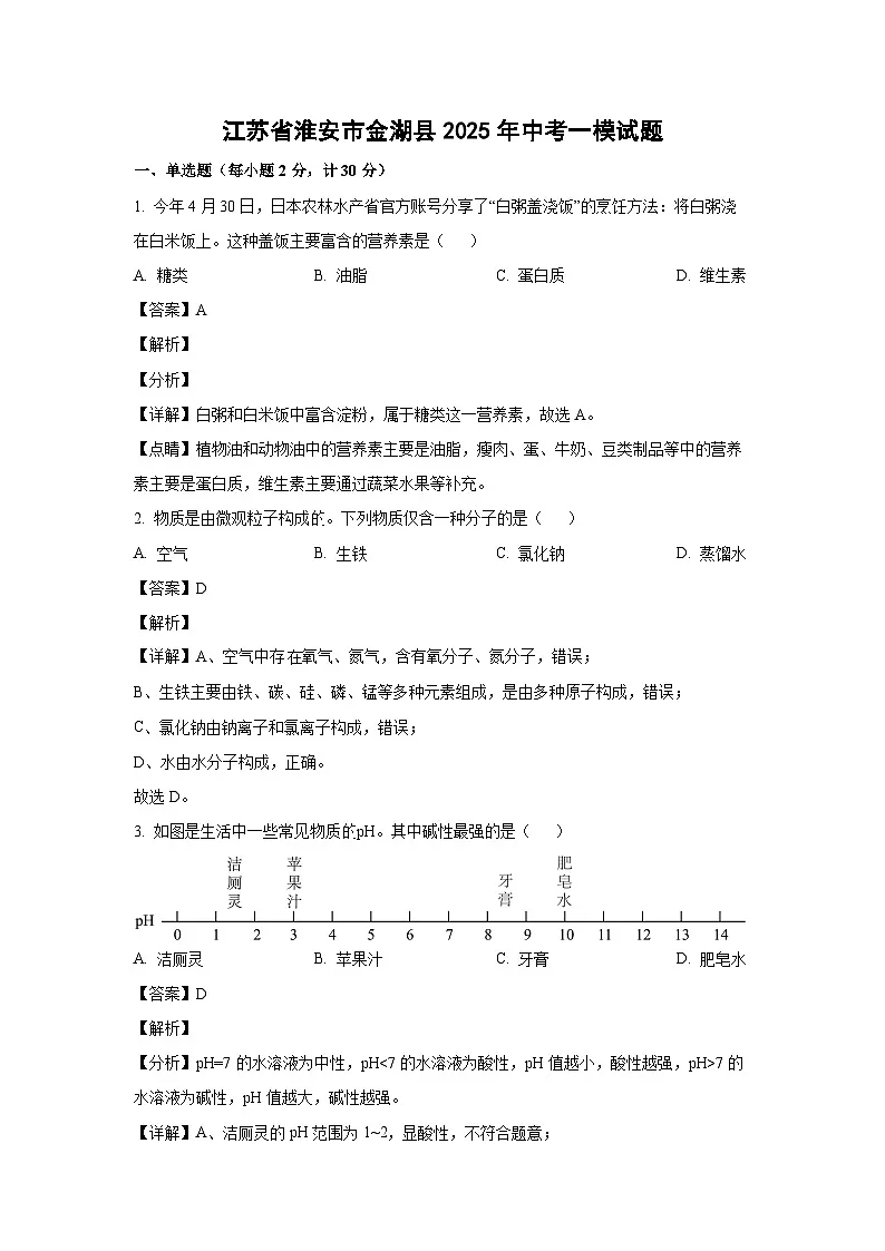 江苏省淮安市金湖县2025年中考一模化学试题（解析版）第1页
