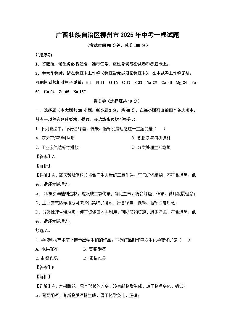 广西壮族自治区柳州市2025年中考一模化学试题（解析版）第1页