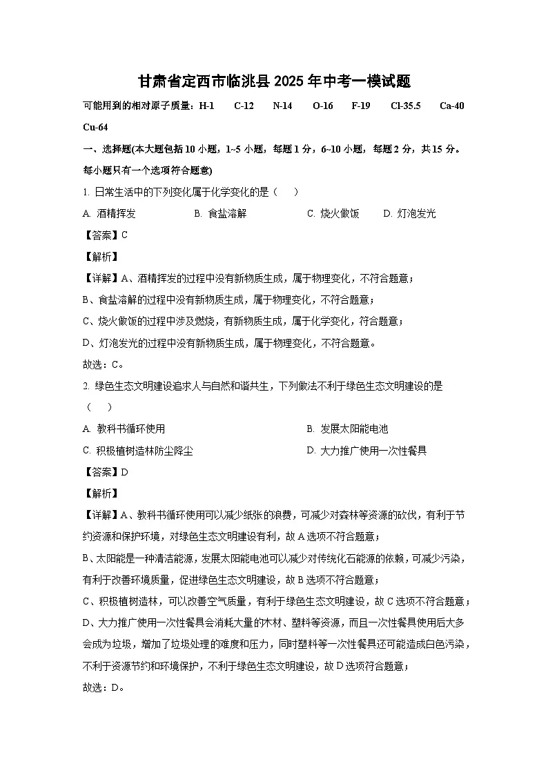 甘肃省定西市临洮县2025年中考一模化学试题（解析版）第1页