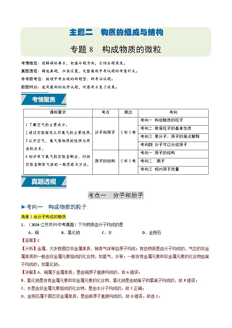 备战2025年中考化学真题分类汇编（江苏专用）专题08构成物质的微粒（解析版）第1页