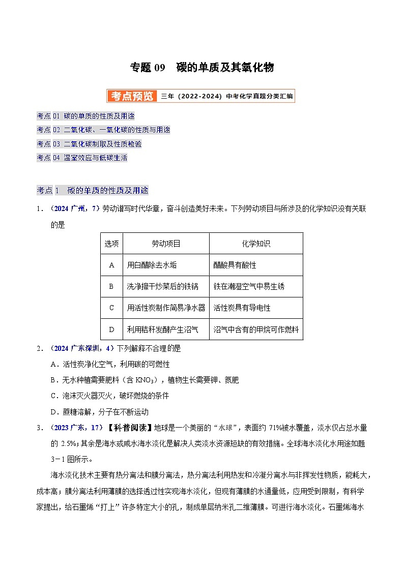 2025年中考化学真题分类汇编（广东专用）专题09碳的单质及其氧化物（第01期）（学生版）第1页