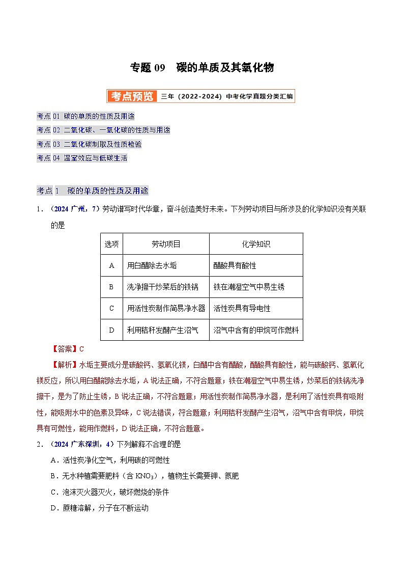2025年中考化学真题分类汇编（广东专用）专题09碳的单质及其氧化物（第01期）（教师版）第1页