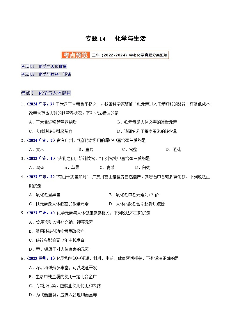 2025年中考化学真题分类汇编（广东专用）专题14化学与生活（第01期）（学生版）第1页