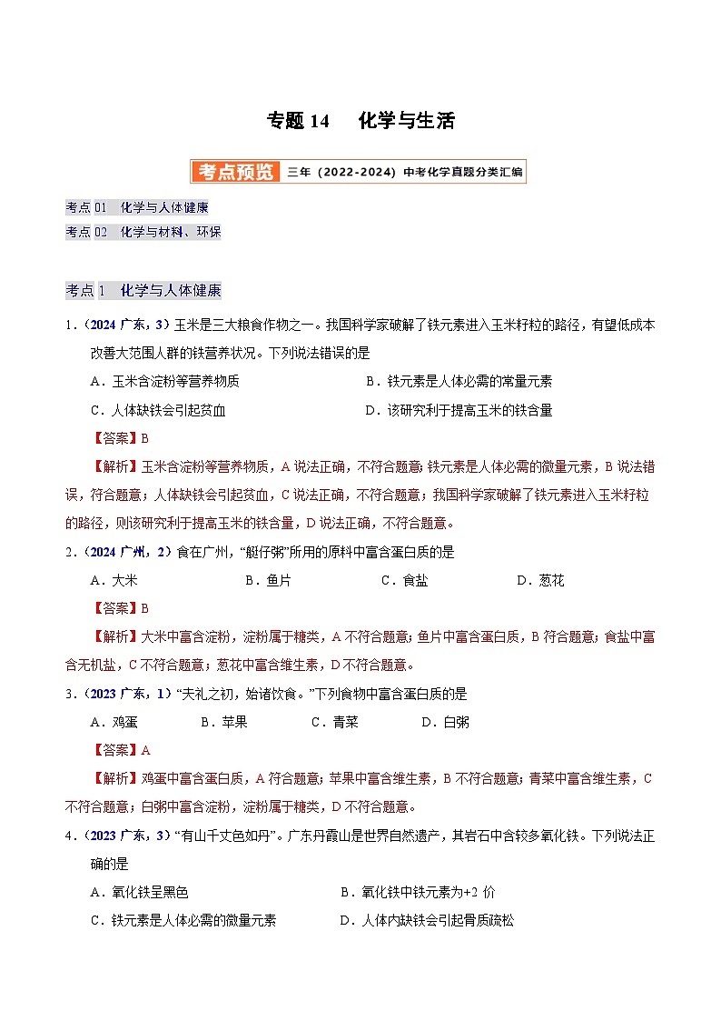 2025年中考化学真题分类汇编（广东专用）专题14化学与生活（第01期）（教师版）第1页