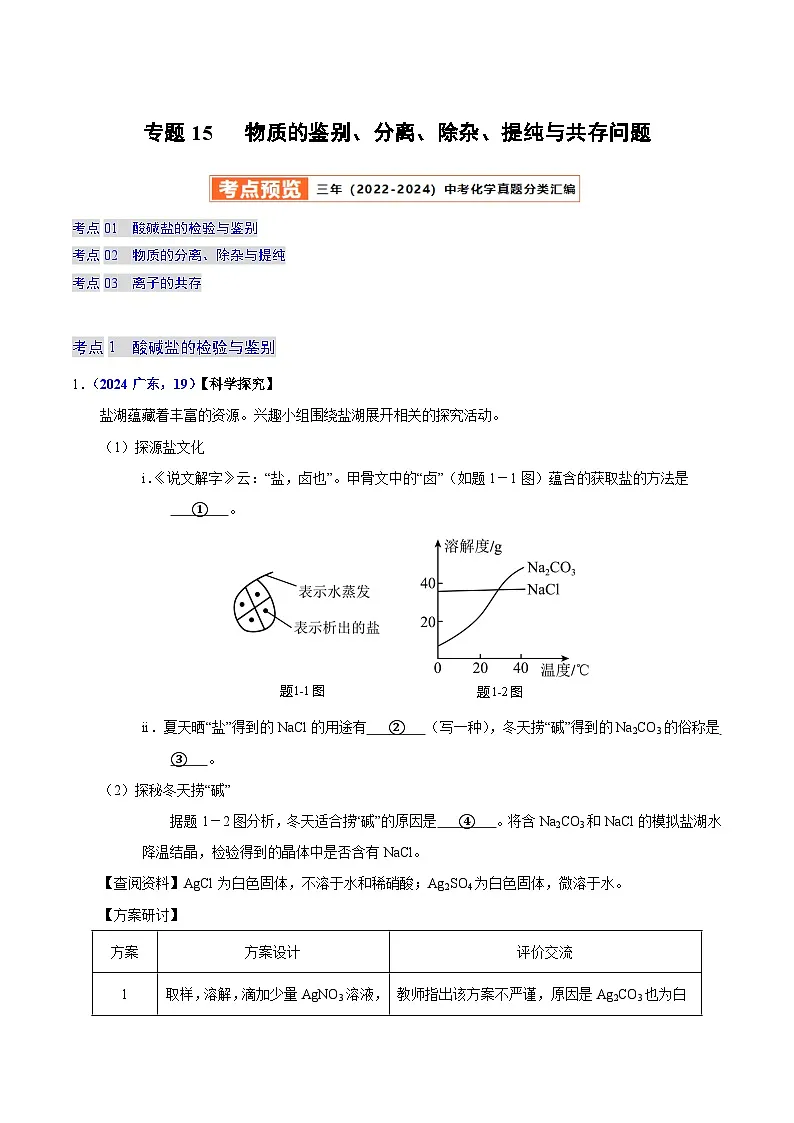 2025年中考化学真题分类汇编（广东专用）专题15物质的鉴别、分离、除杂、提纯与共存问题（第01期）（教师版）第1页
