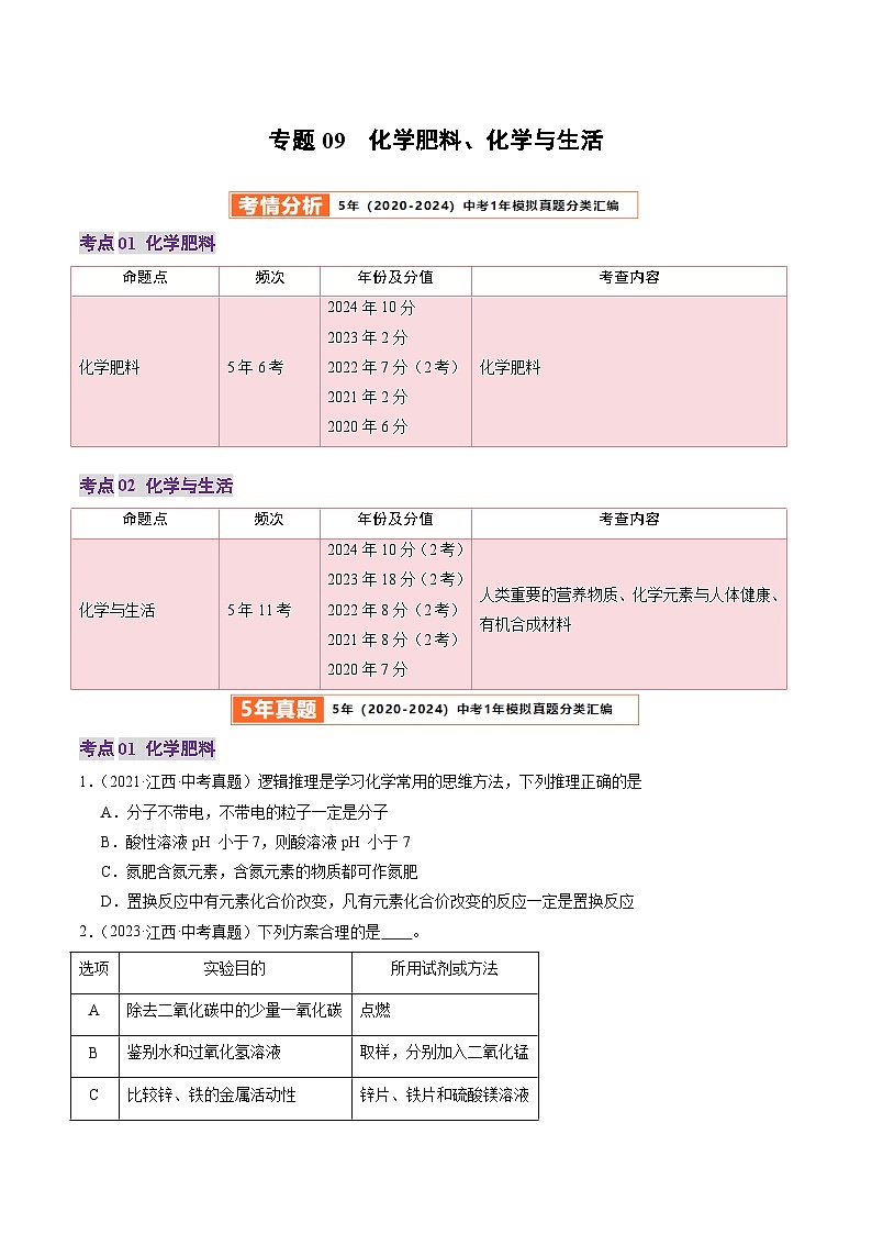 专题09 化学肥料、化学与生活（原卷版）第1页