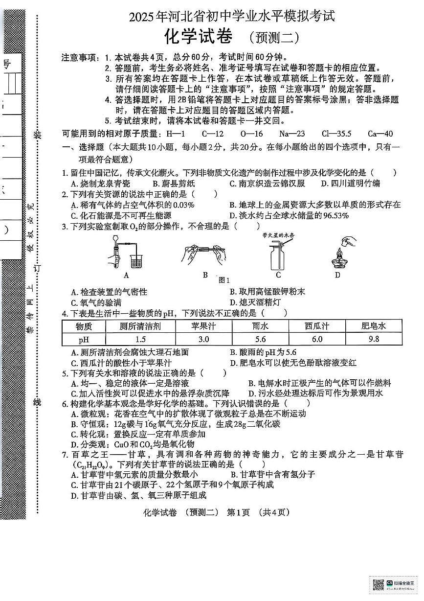 2025年河北省沧州市东光县中考二模化学试题（中考模拟）第1页