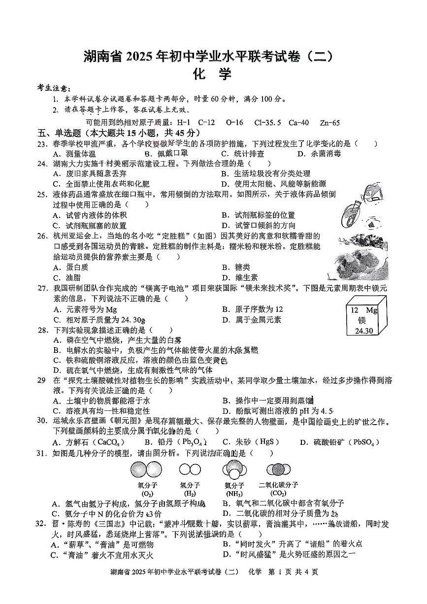 2025年湖南省娄底市初中学业水平联考化学试卷（中考模拟）第1页