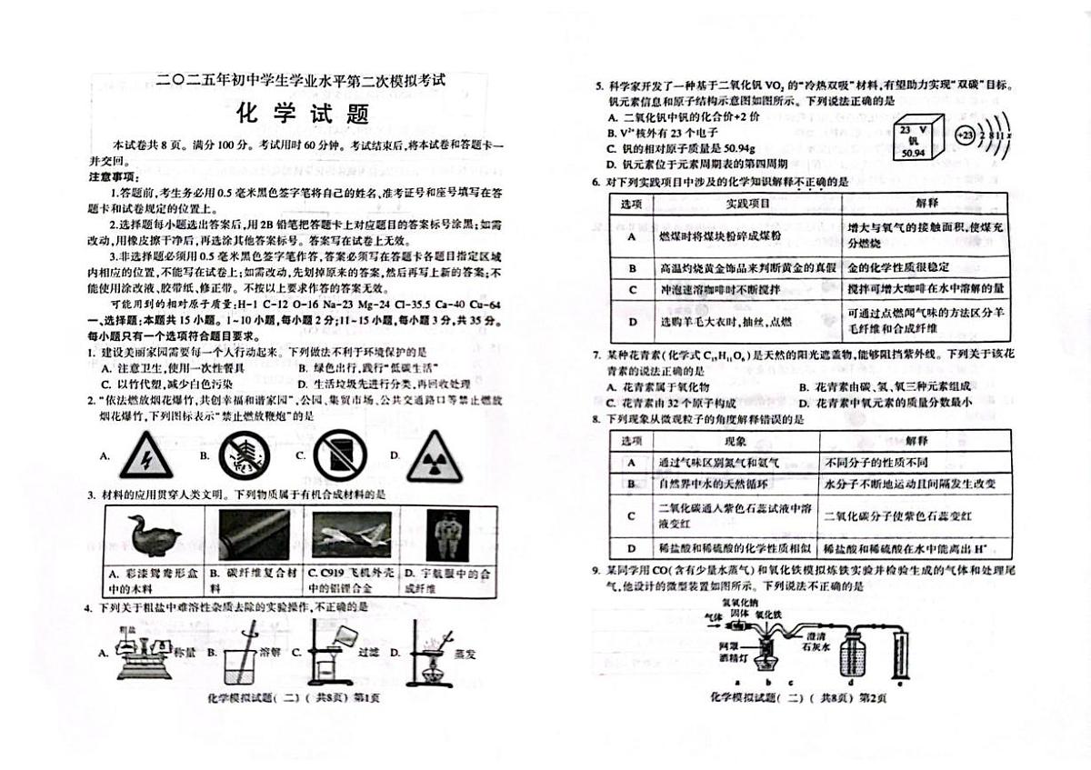 2025年山东省聊城市莘县中考二模化学试题（中考模拟）第1页