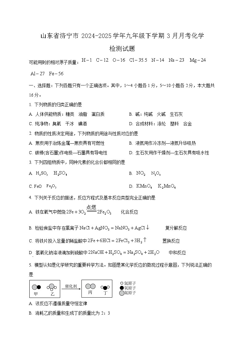 山东省济宁市2024-2025学年九年级下学期3月月考化学检测试题（附答案）第1页