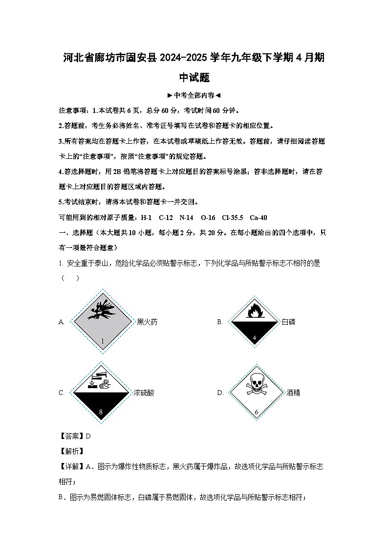河北省廊坊市固安县2024-2025学年九年级下学期4月期中化学试卷（解析版）第1页
