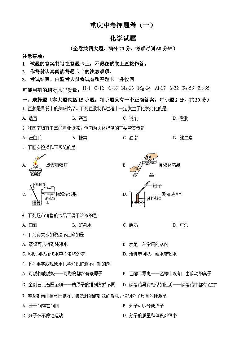 2025年重庆市垫江中学校模中考拟化学试题（中考模拟）第1页
