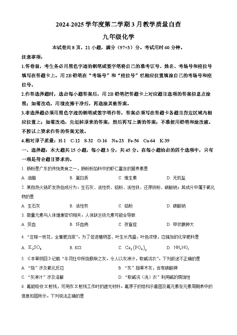 广东省东莞市虎门外语学校2024~2025学年九年级下学期3月月考化学试题（原卷版+解析版）第1页